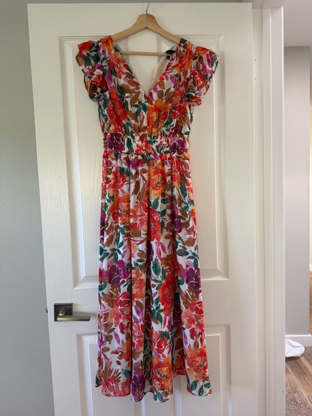 Maggy London Floral V-Neck Midi Dress in Pink, Orange, Green